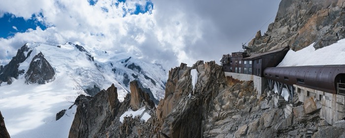 The Aiguille du Midi station perched on rock above the Mont Blanc glaciers