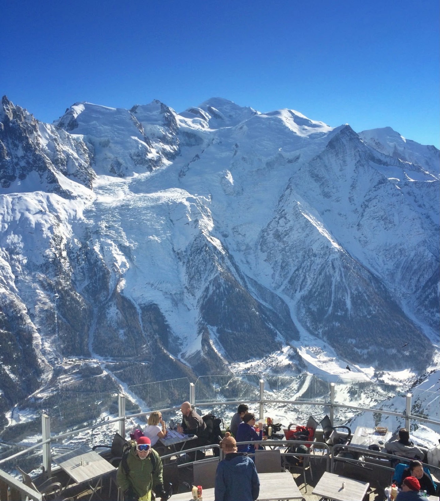 Människor vid bord på en bergsterrass, med det snötäckta Mont Blanc-massivet bakom under en djupblå himmel